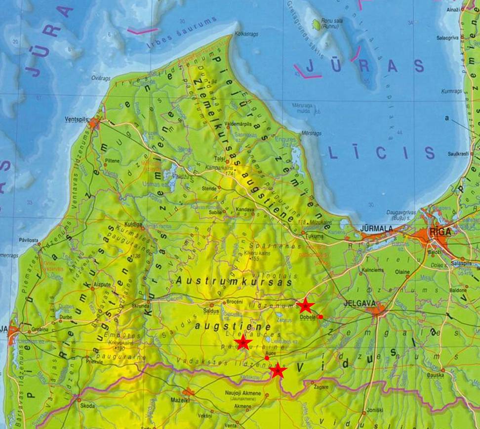 Карта- схема рельефа местности в районе Добеле и Ауце (севернее Вегеряй)